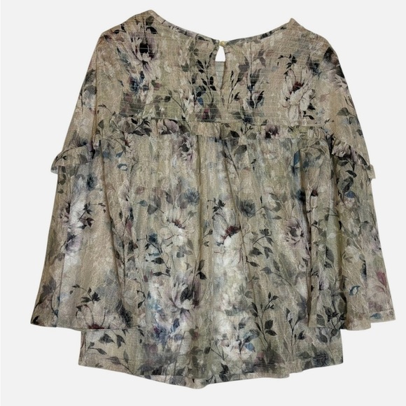 Sheer Lace Floral Blouse Bell / Flare Sleeve Shirt Chest Smocking Ruffle Sm Boho - Picture 4 of 6